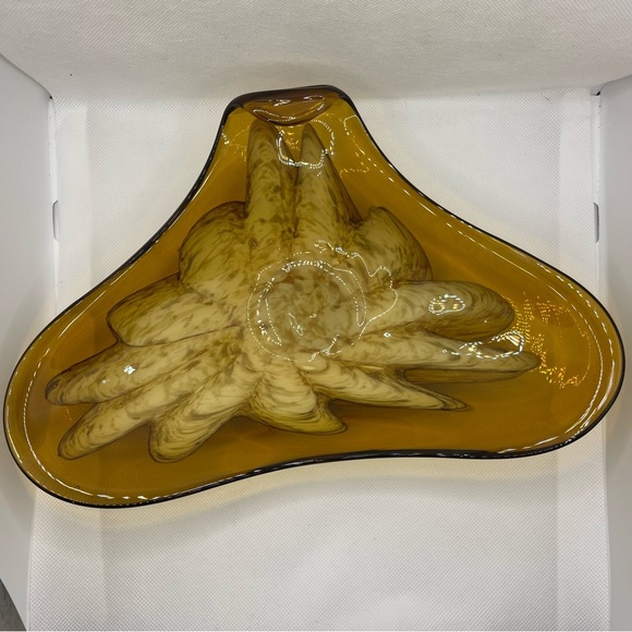 Art Glass Dish Princess House Burnt  Gold Flake Cream Flower Center MCM - Picture 2 of 12